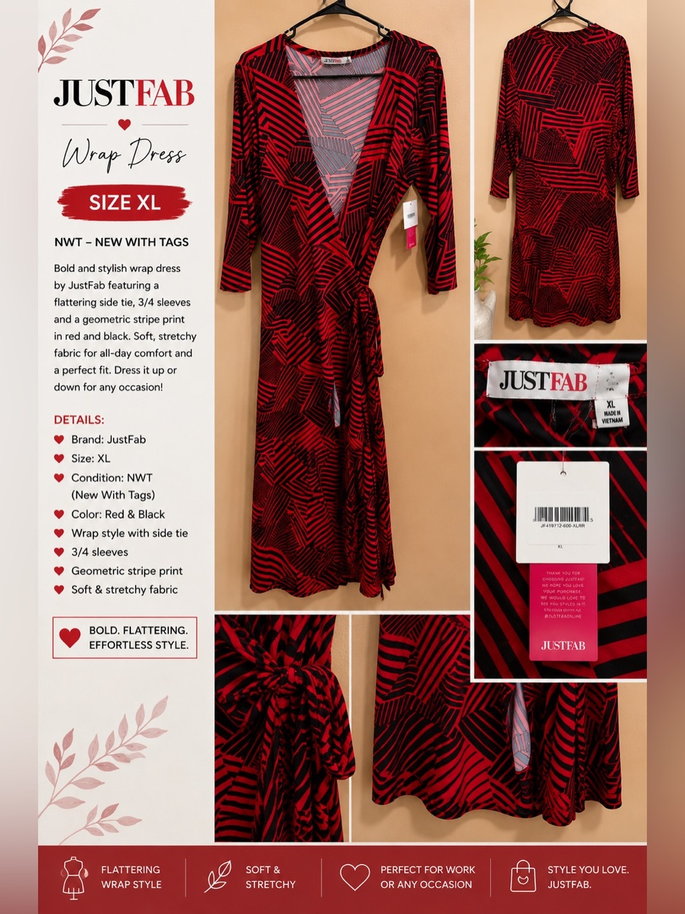 JustFab Geometric Wrap Maxi Dress Red & Black XL NWT
